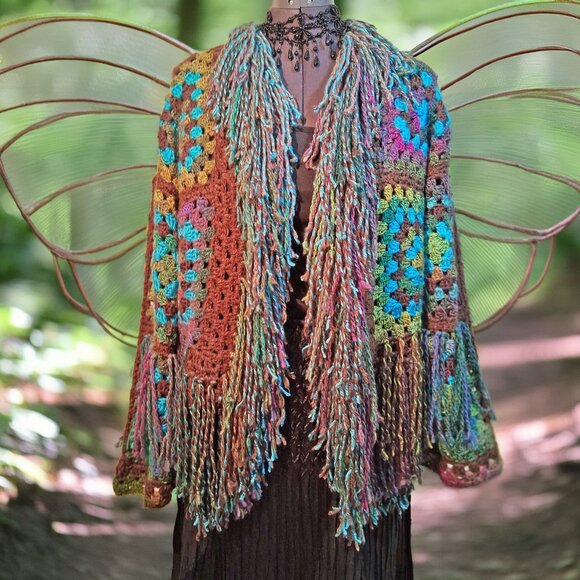 My Fairy Forrest Brown Green Turquoise Granny Square Super Fringe Sweater L/XL - Picture 2 of 16